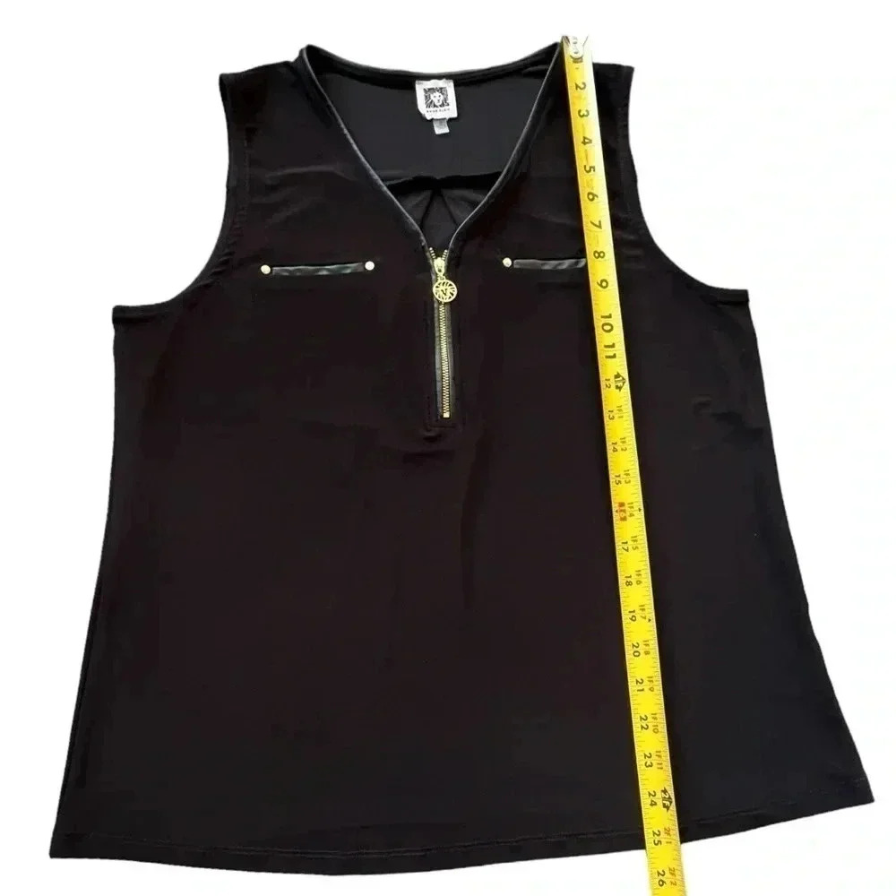 Anne Klein Black and Gold Half Zip V Neck Tank Top with Faux Leather Trim Medium - Picture 3 of 8